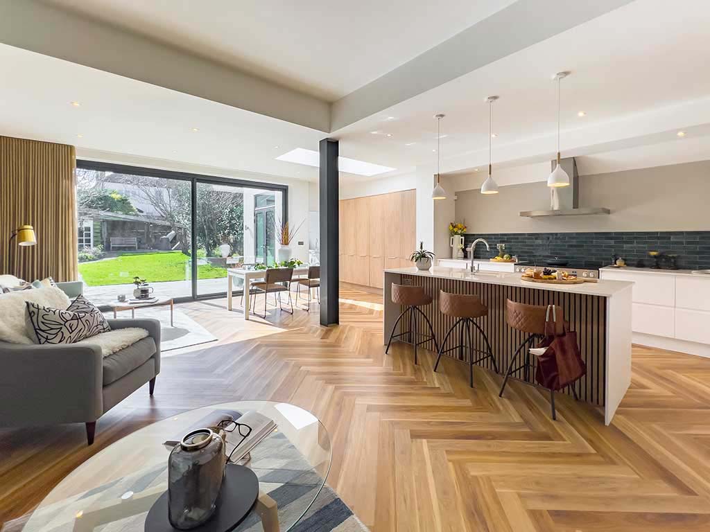 Large open plan kitchen in contemporary extension, part of a Victorian home kitchen extension in Henleaze Bristol
