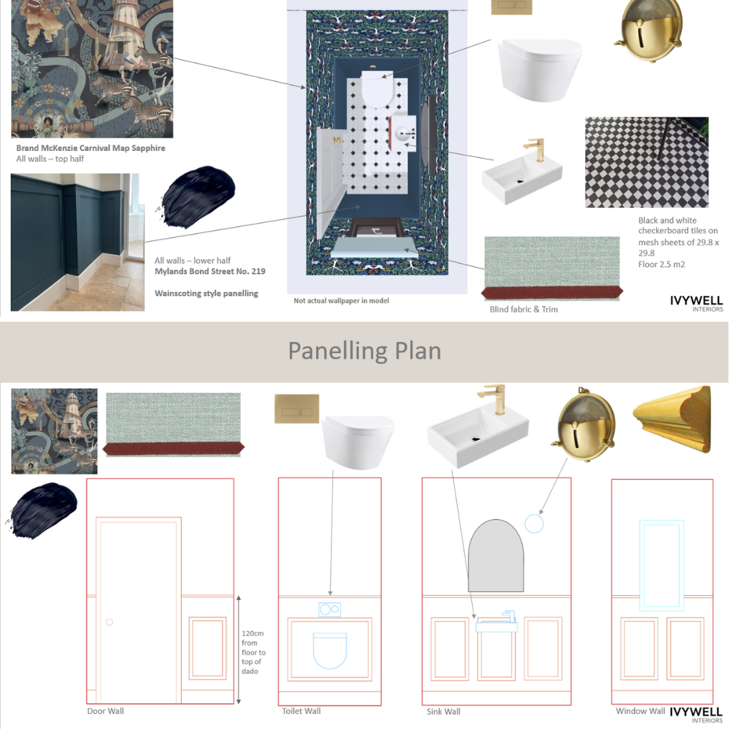 Interior design presentation showing inspiration images and CAd elevation of a cloakroom