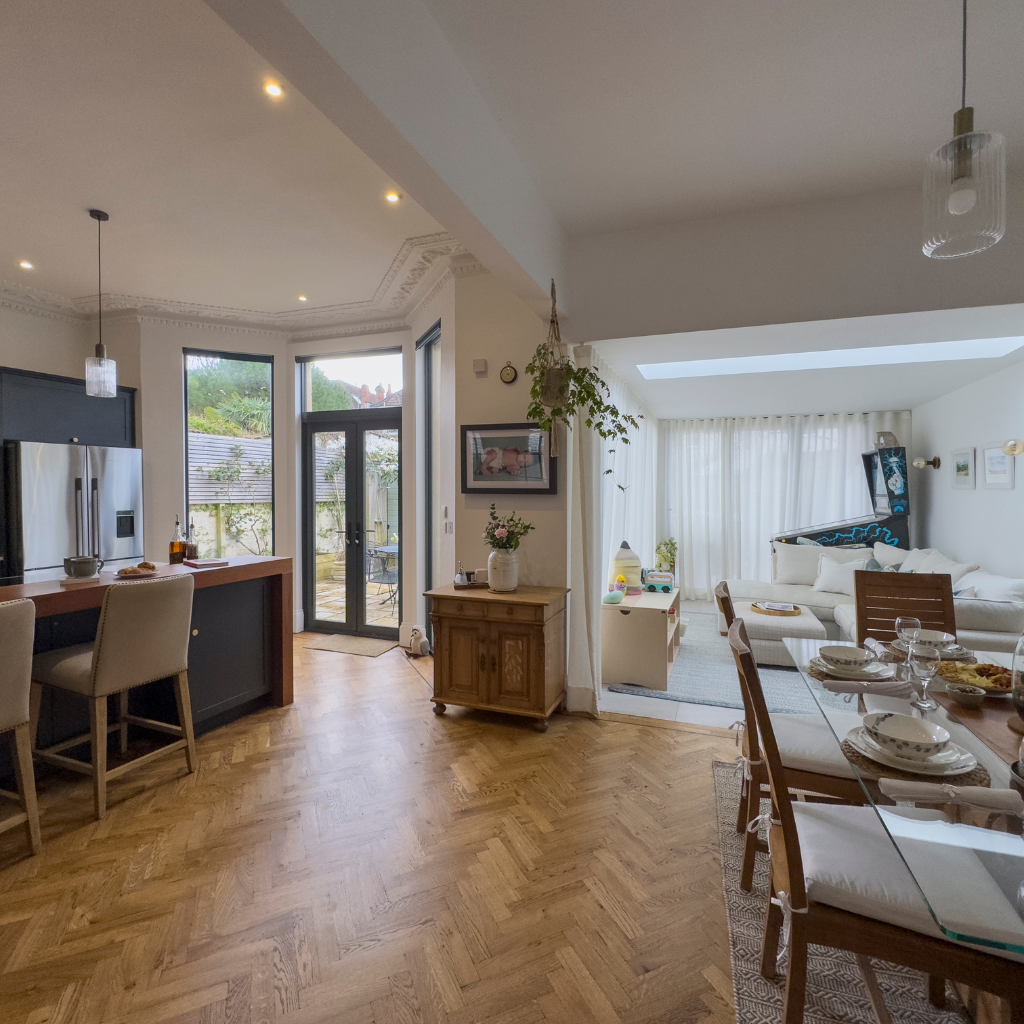 Open plan kitchen in period home with contemporary extension